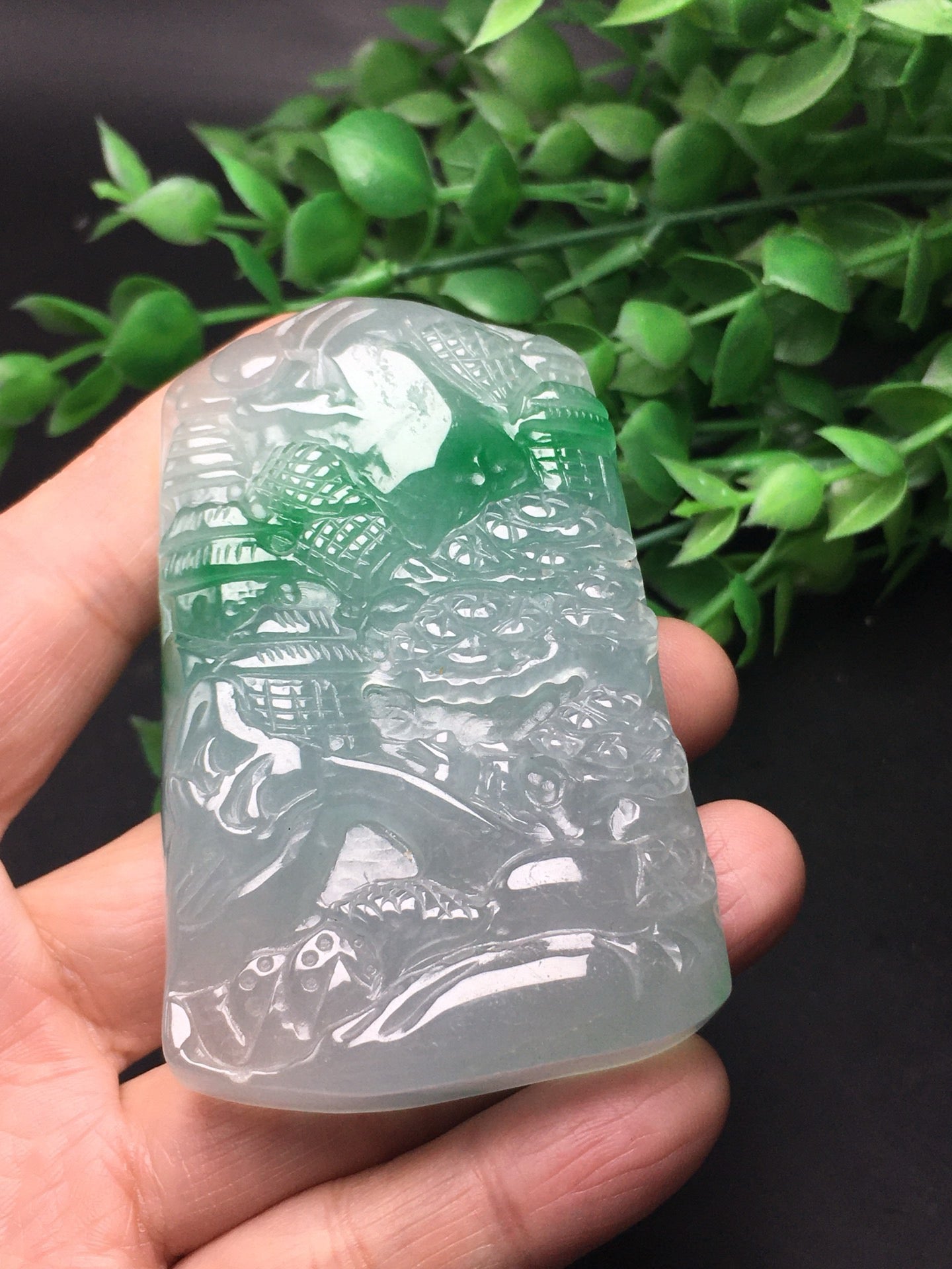 Chinese Antique White Ice Floating Green Thick Mountainous Landscape Plaque