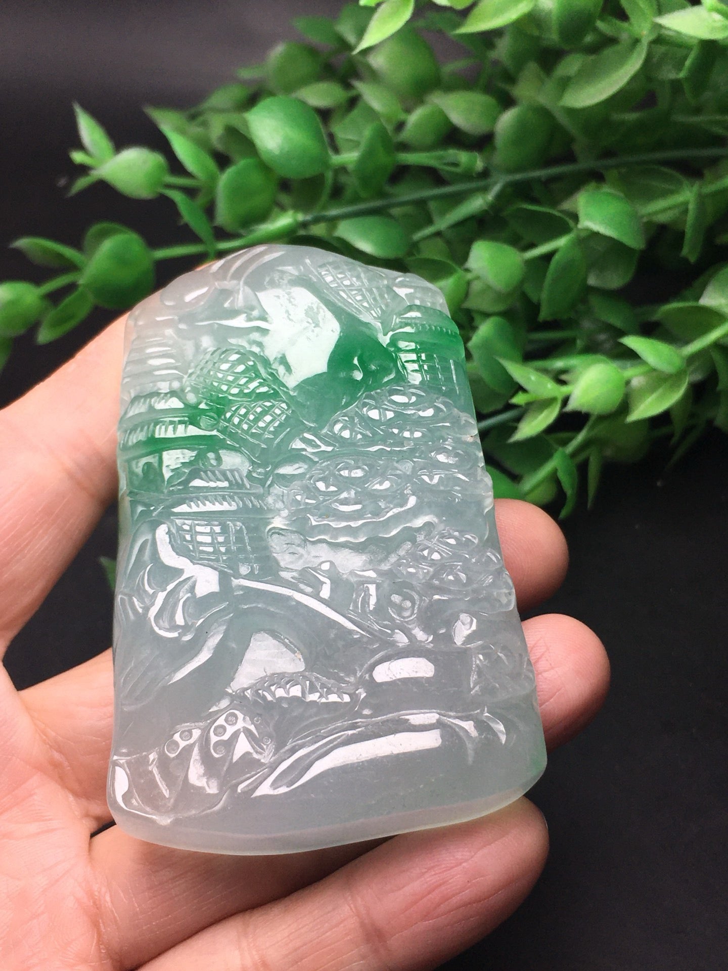 Chinese Antique White Ice Floating Green Thick Mountainous Landscape Plaque