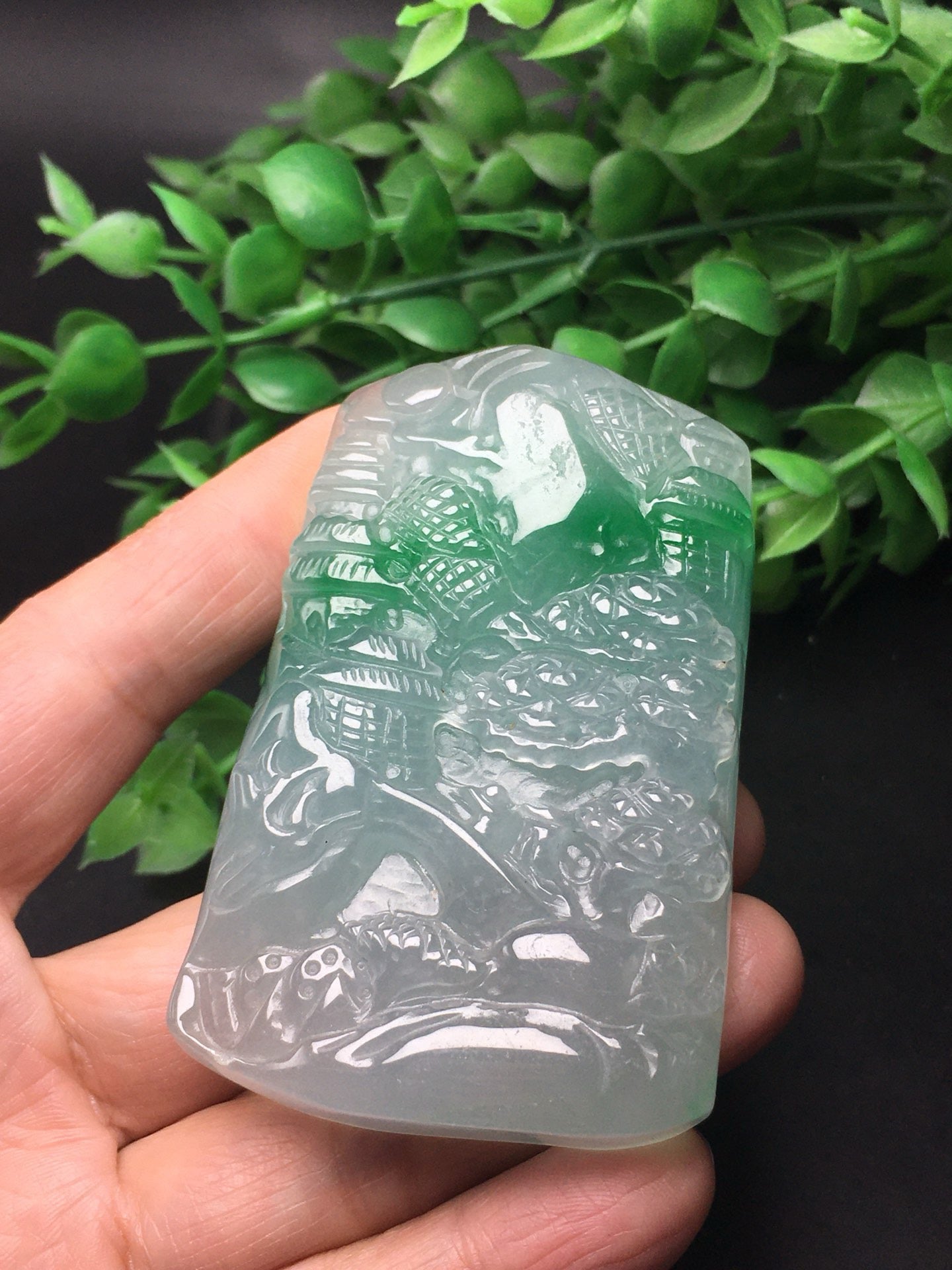 Chinese Antique White Ice Floating Green Thick Mountainous Landscape Plaque