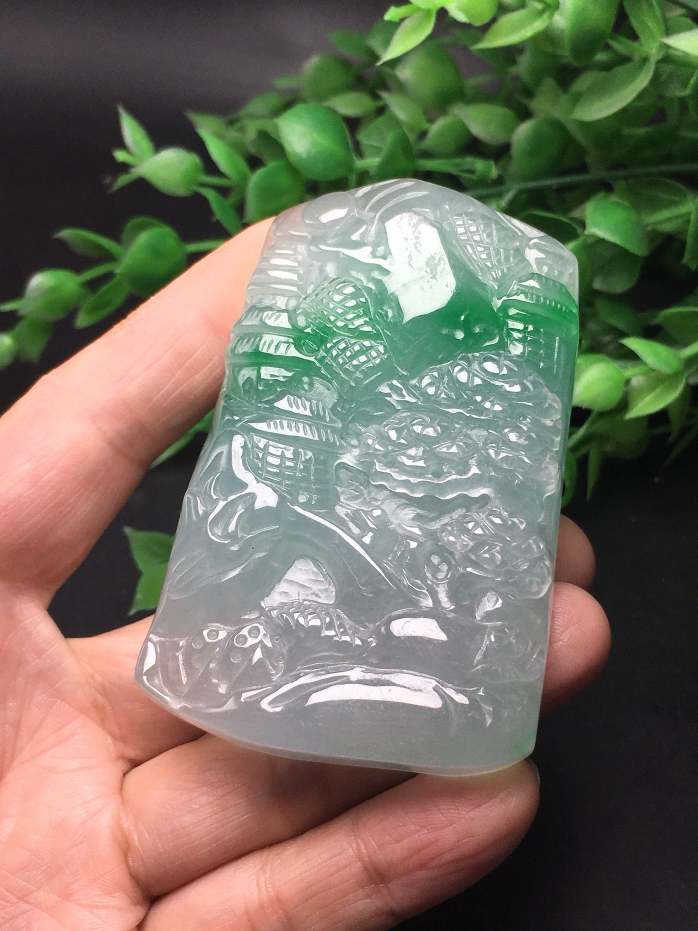 Chinese Antique White Ice Floating Green Thick Mountainous Landscape Plaque