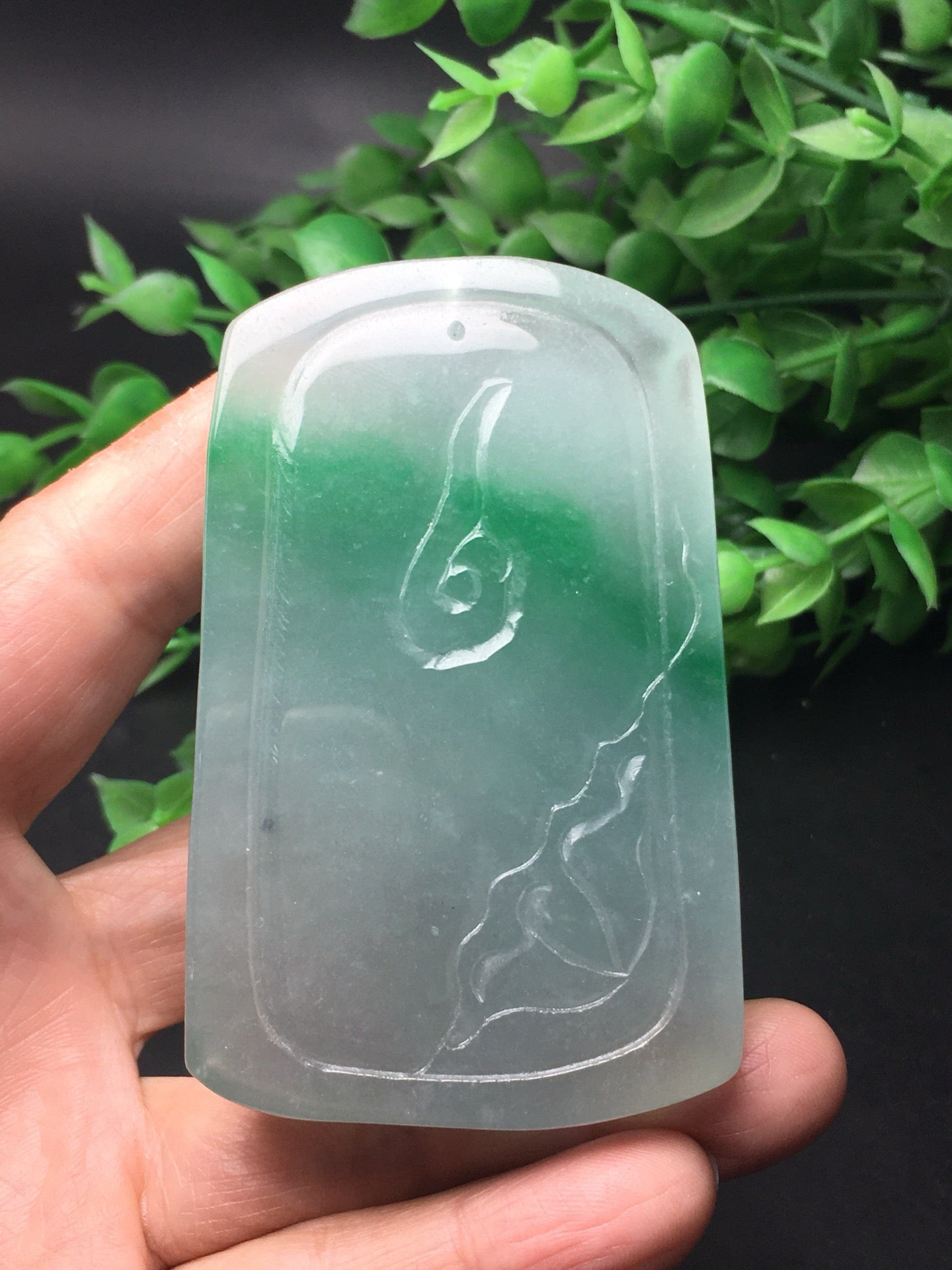 Chinese Antique White Ice Floating Green Thick Mountainous Landscape Plaque