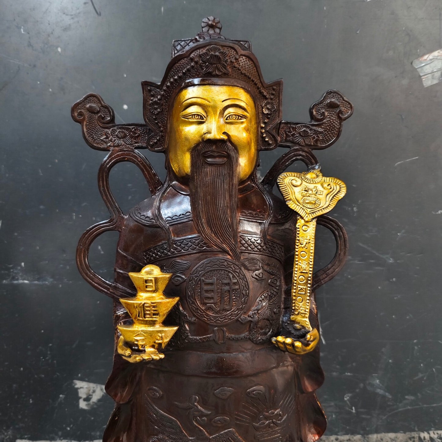 Chinese Antique Pure Copper God of Wealth Standing Statue