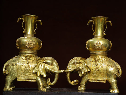Chinese antique pure copper [Taiping Elephant Bottle] ornament pair
