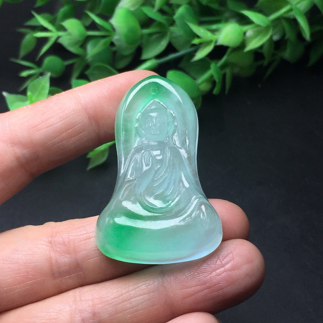Chinese Antique Ice Drifting Green Thick Clothed Avalokitesvara