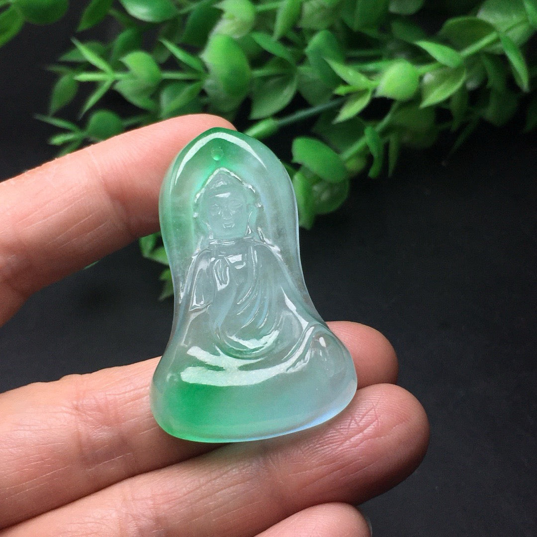 Chinese Antique Ice Drifting Green Thick Clothed Avalokitesvara