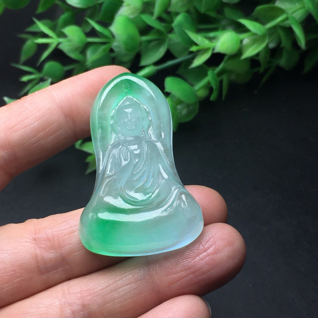 Chinese Antique Ice Drifting Green Thick Clothed Avalokitesvara