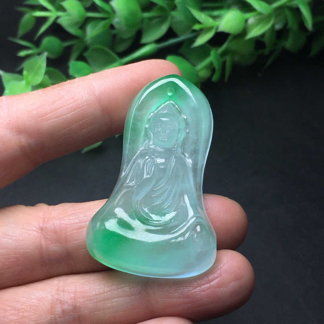 Chinese Antique Ice Drifting Green Thick Clothed Avalokitesvara