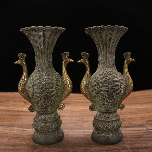 Chinese antique pure copper peacock vase