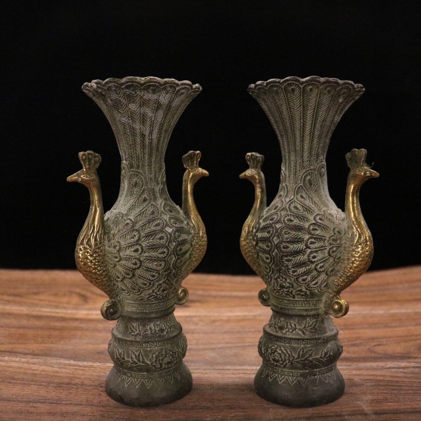 Chinese antique pure copper peacock vase
