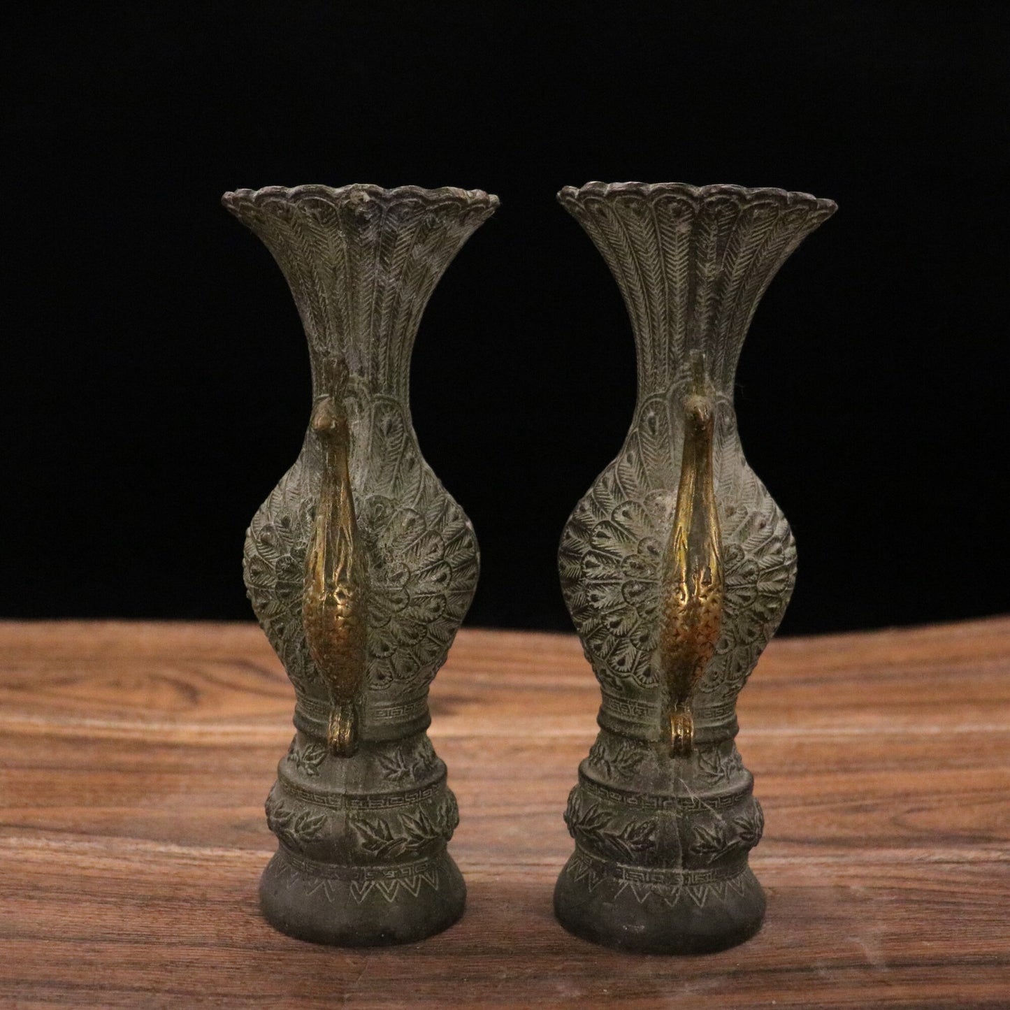 Chinese antique pure copper peacock vase