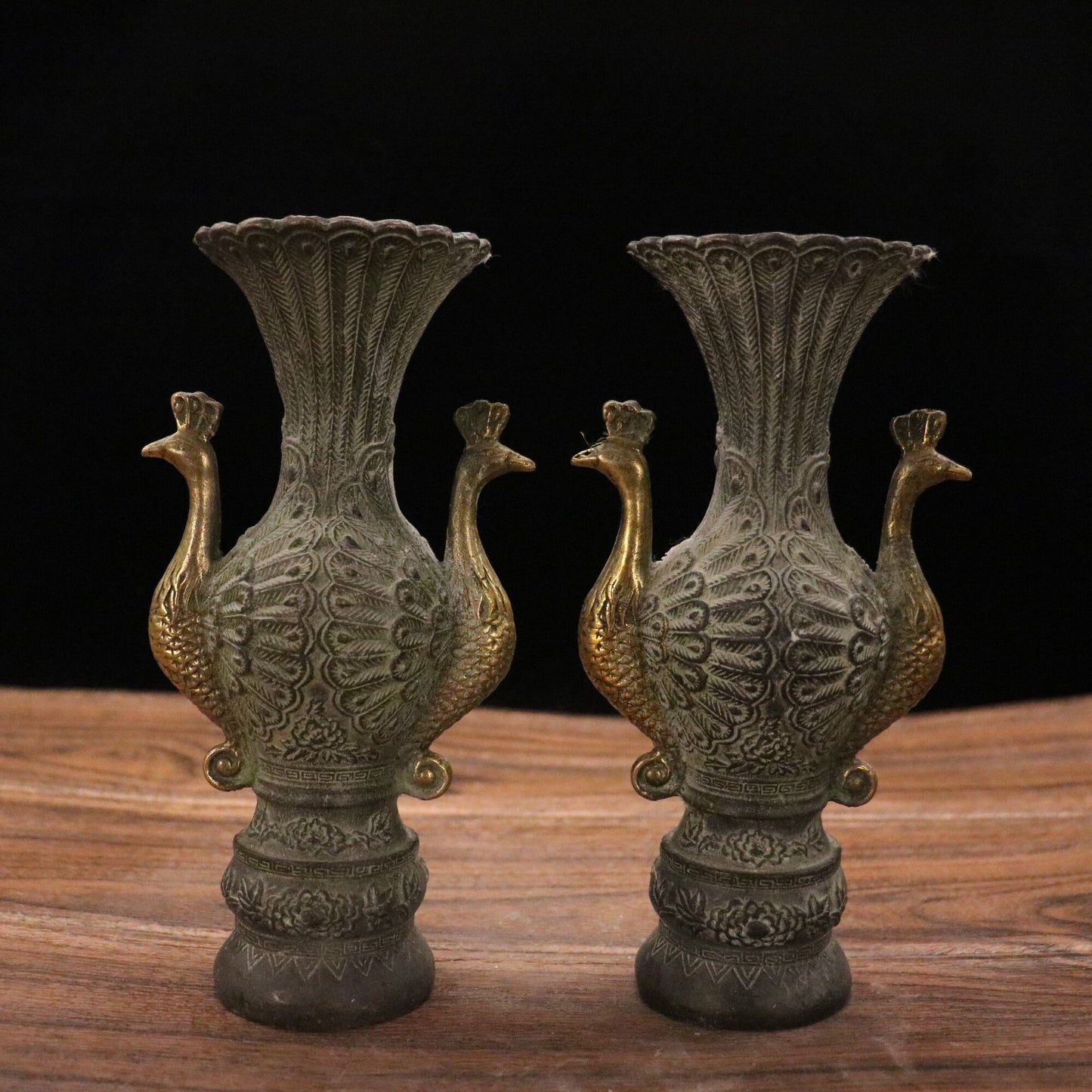 Chinese antique pure copper peacock vase