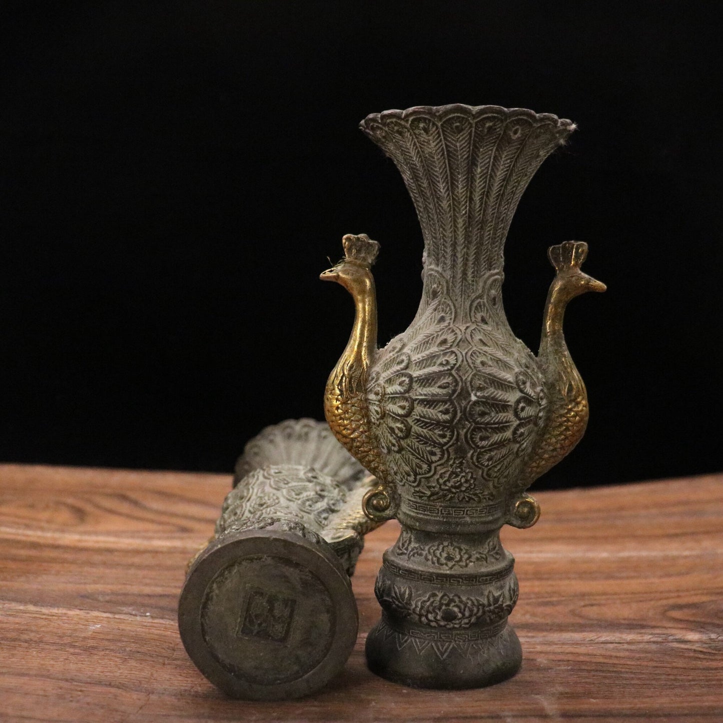 Chinese antique pure copper peacock vase