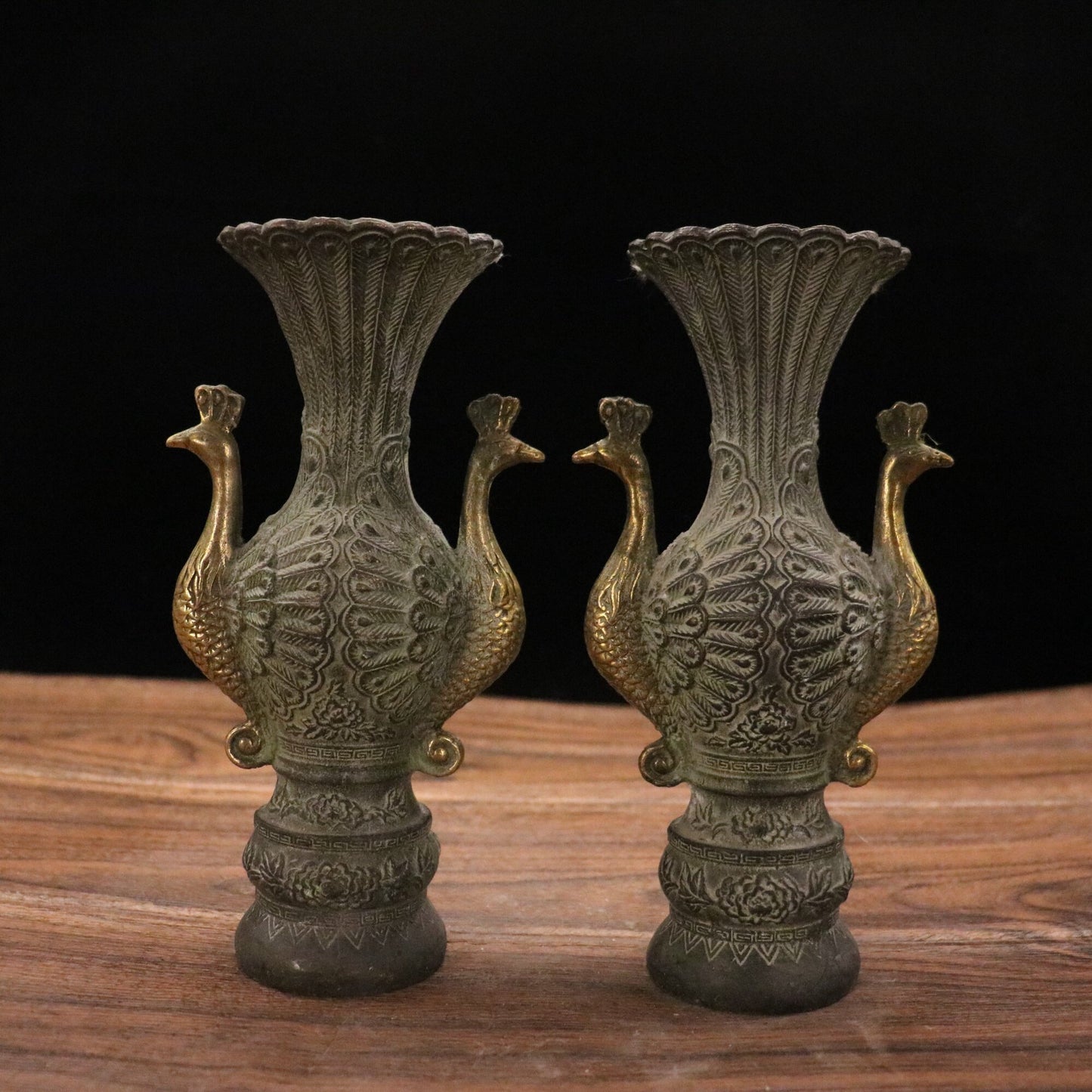 Chinese antique pure copper peacock vase
