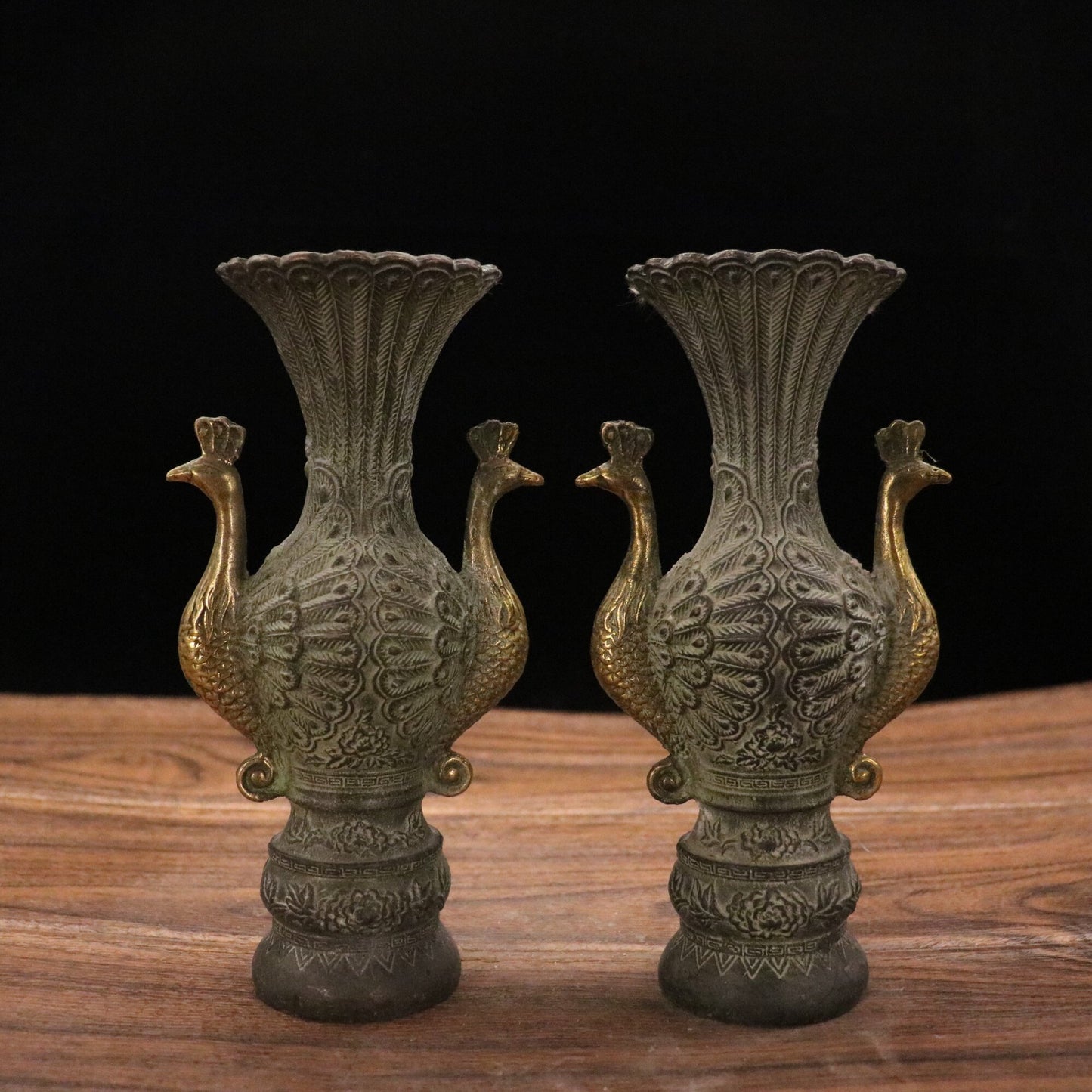 Chinese antique pure copper peacock vase