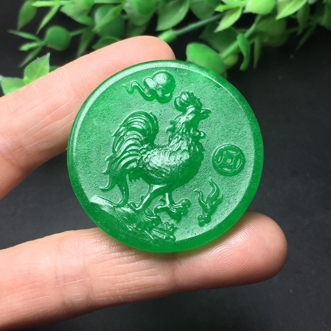 Chinese Antique Ice Green Zodiac Chicken Card