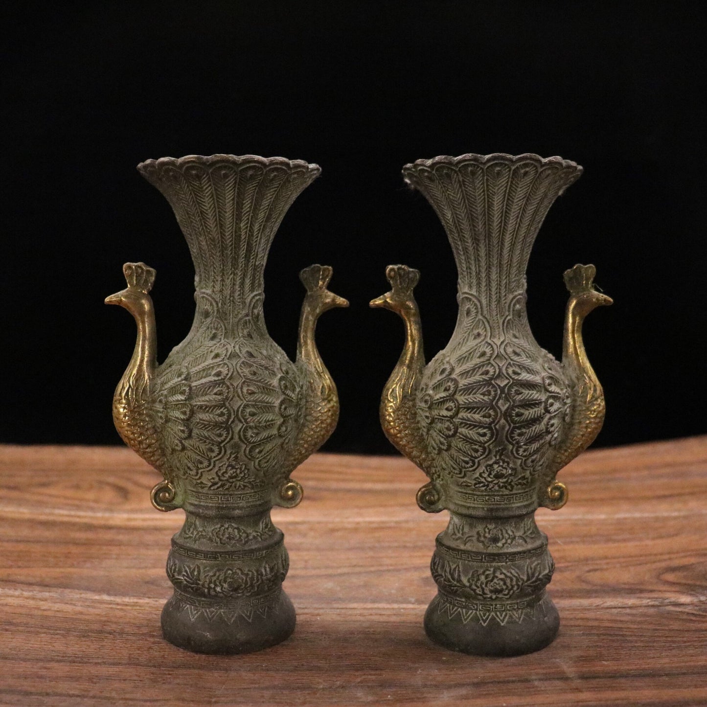 Chinese antique pure copper peacock vase