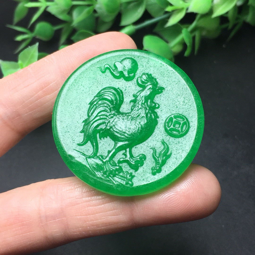 Chinese Antique Ice Green Zodiac Chicken Card