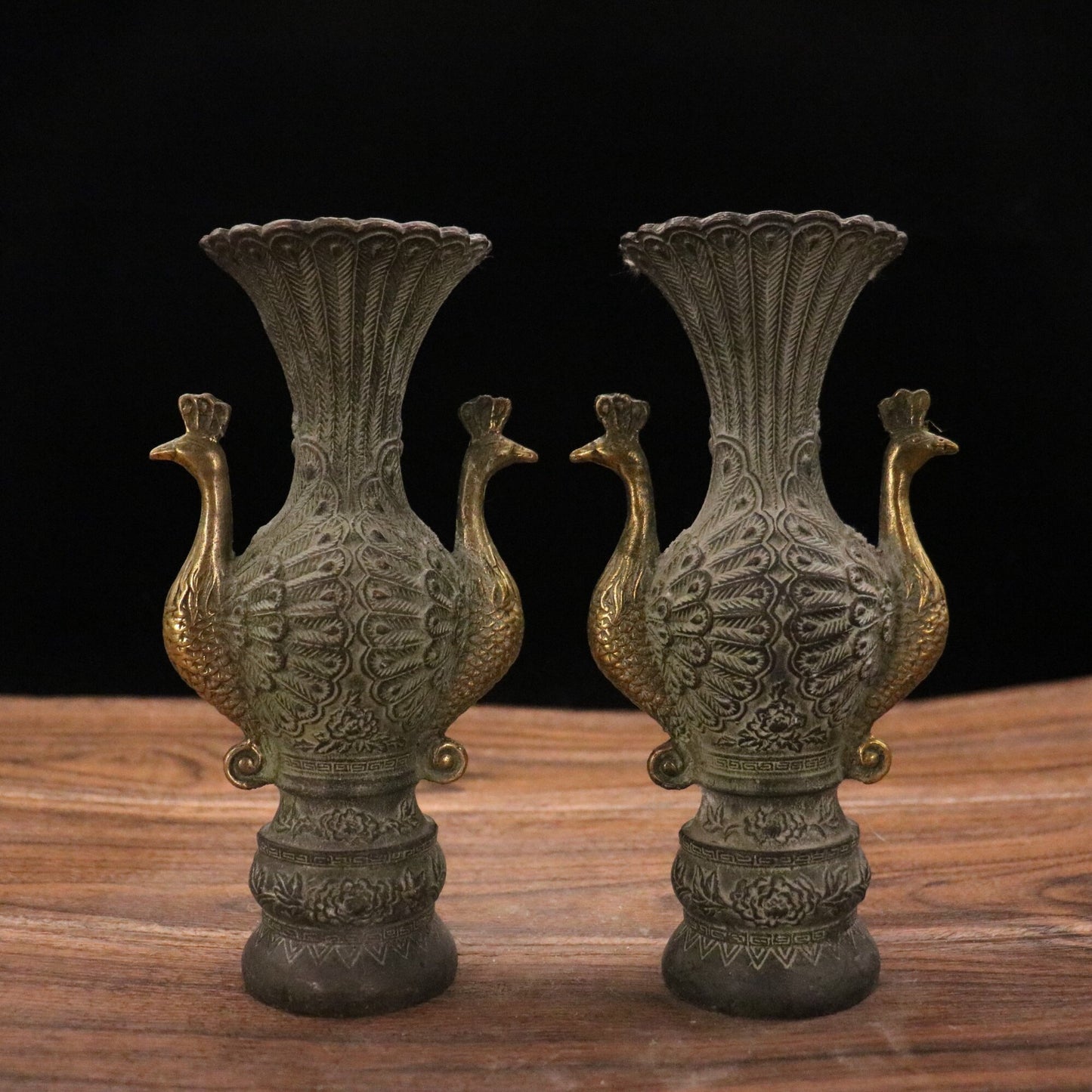 Chinese antique pure copper peacock vase