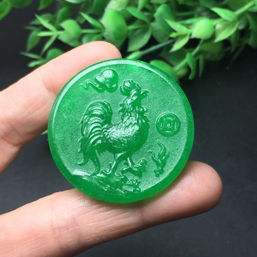 Chinese Antique Ice Green Zodiac Chicken Card