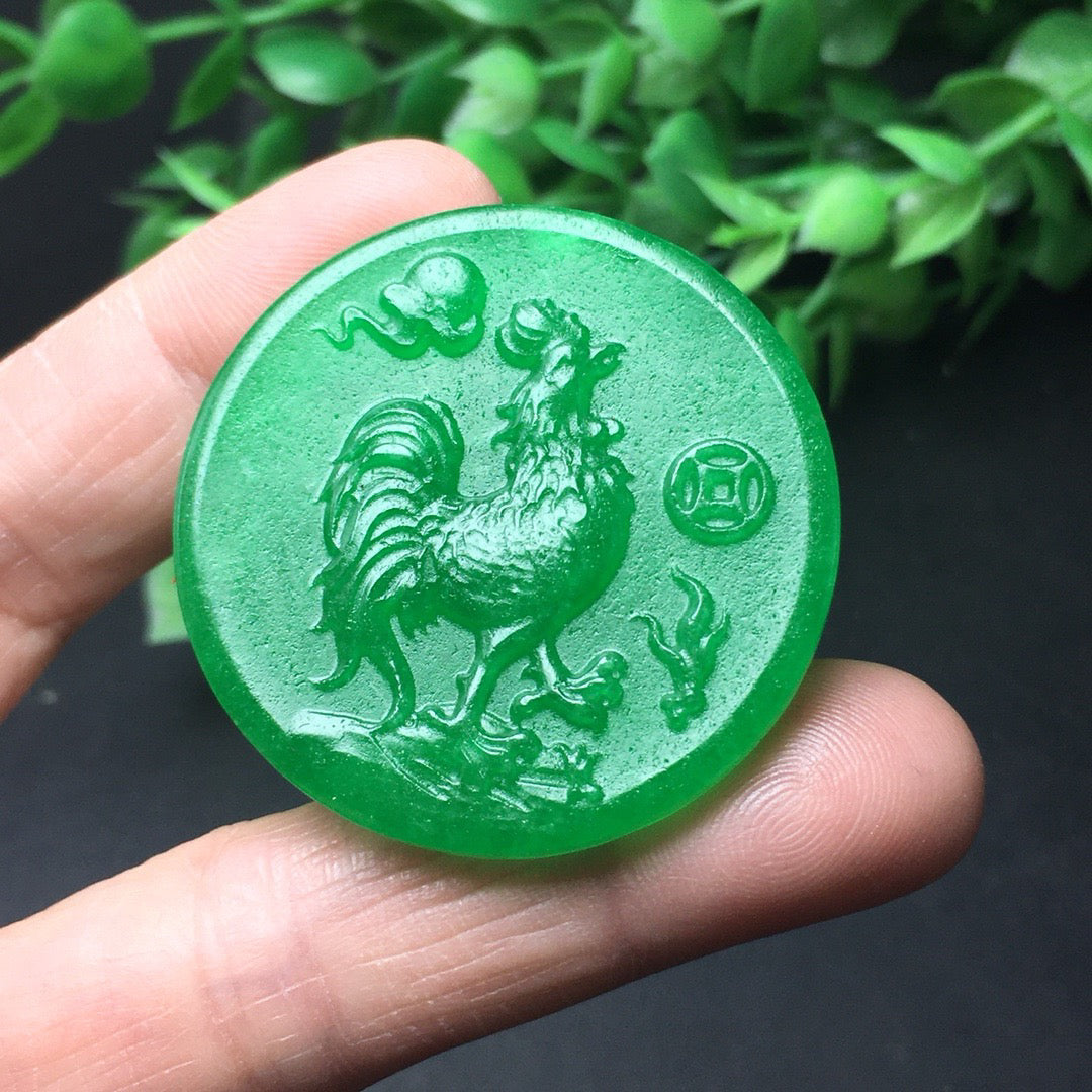 Chinese Antique Ice Green Zodiac Chicken Card