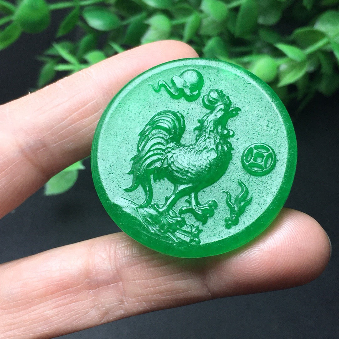 Chinese Antique Ice Green Zodiac Chicken Card