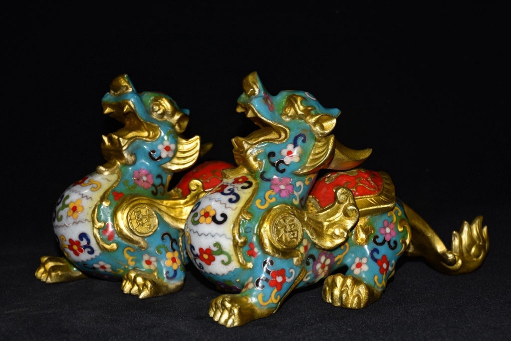Pure copper cloisonn é blue pixiu beast pair ornament
