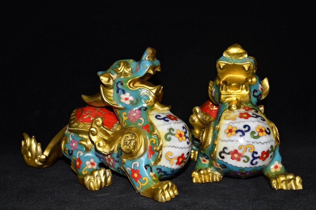 Pure copper cloisonn é blue pixiu beast pair ornament