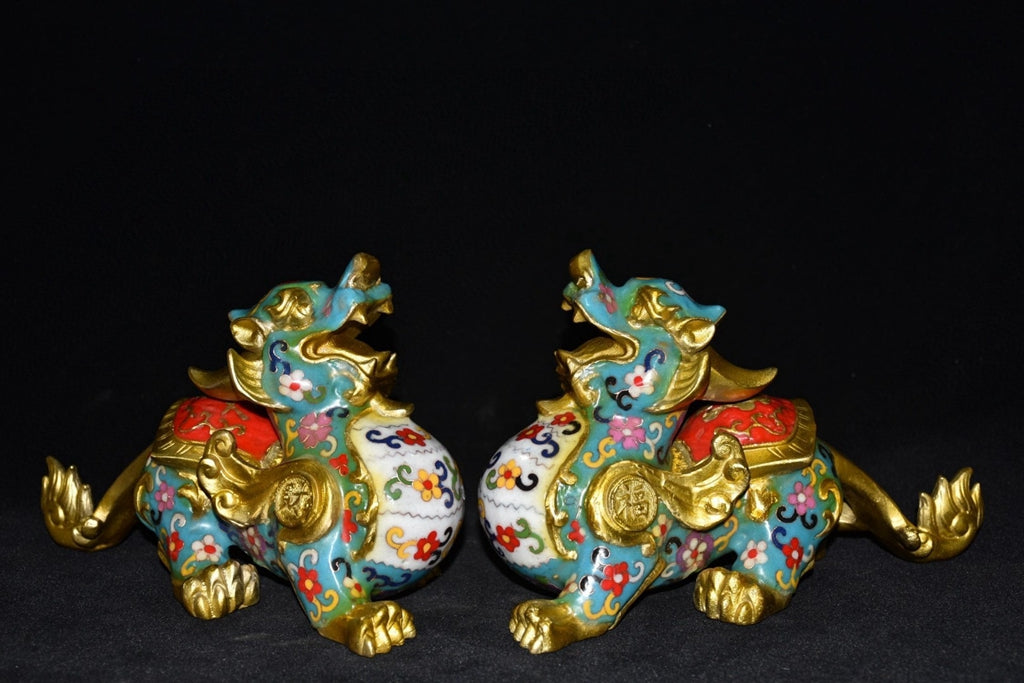 Pure copper cloisonn é blue pixiu beast pair ornament