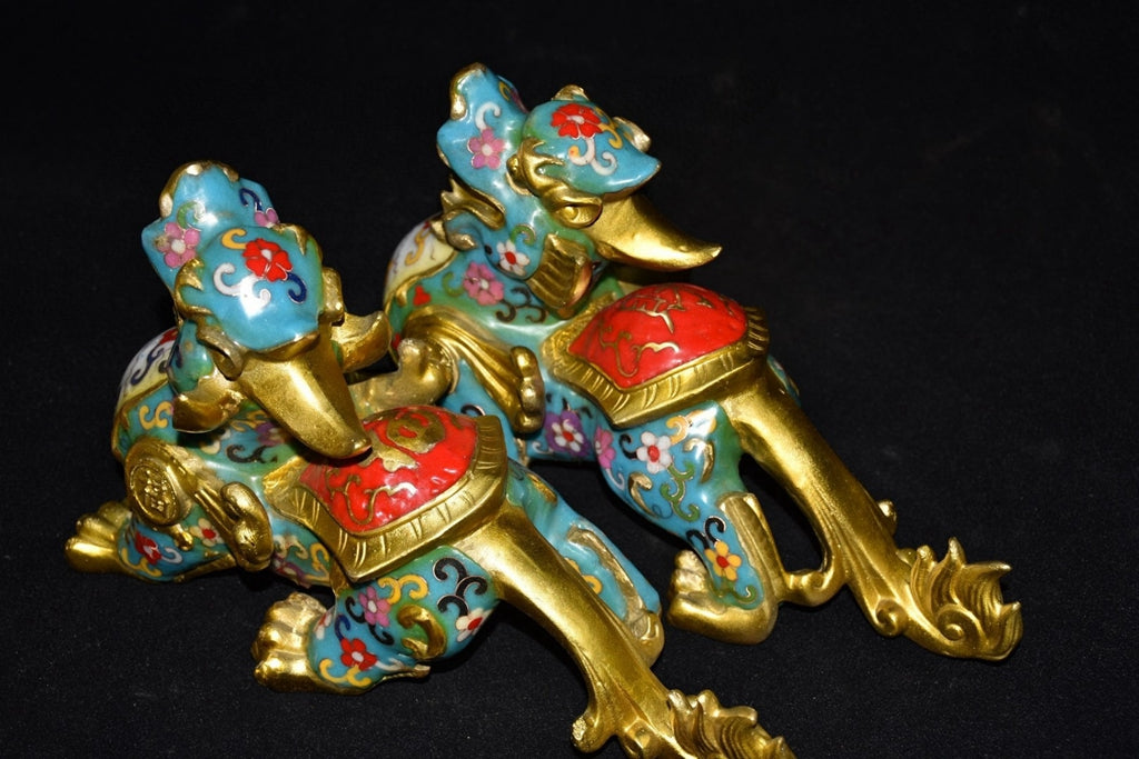 Pure copper cloisonn é blue pixiu beast pair ornament