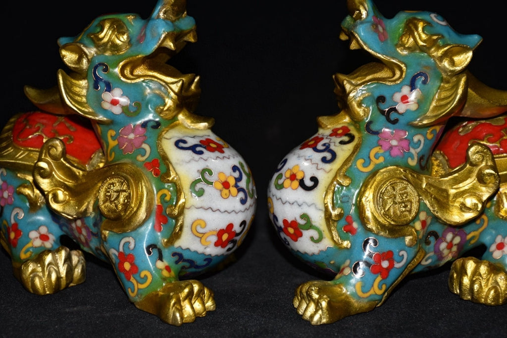 Pure copper cloisonn é blue pixiu beast pair ornament