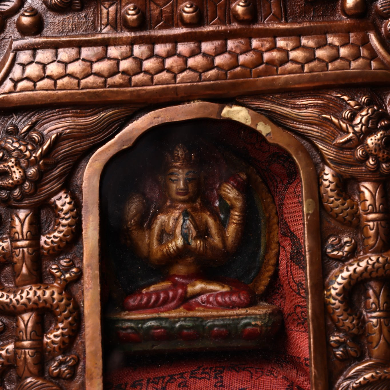 Chinese antique pure copper high relief carved Shakyamuni Buddha Gawu box
