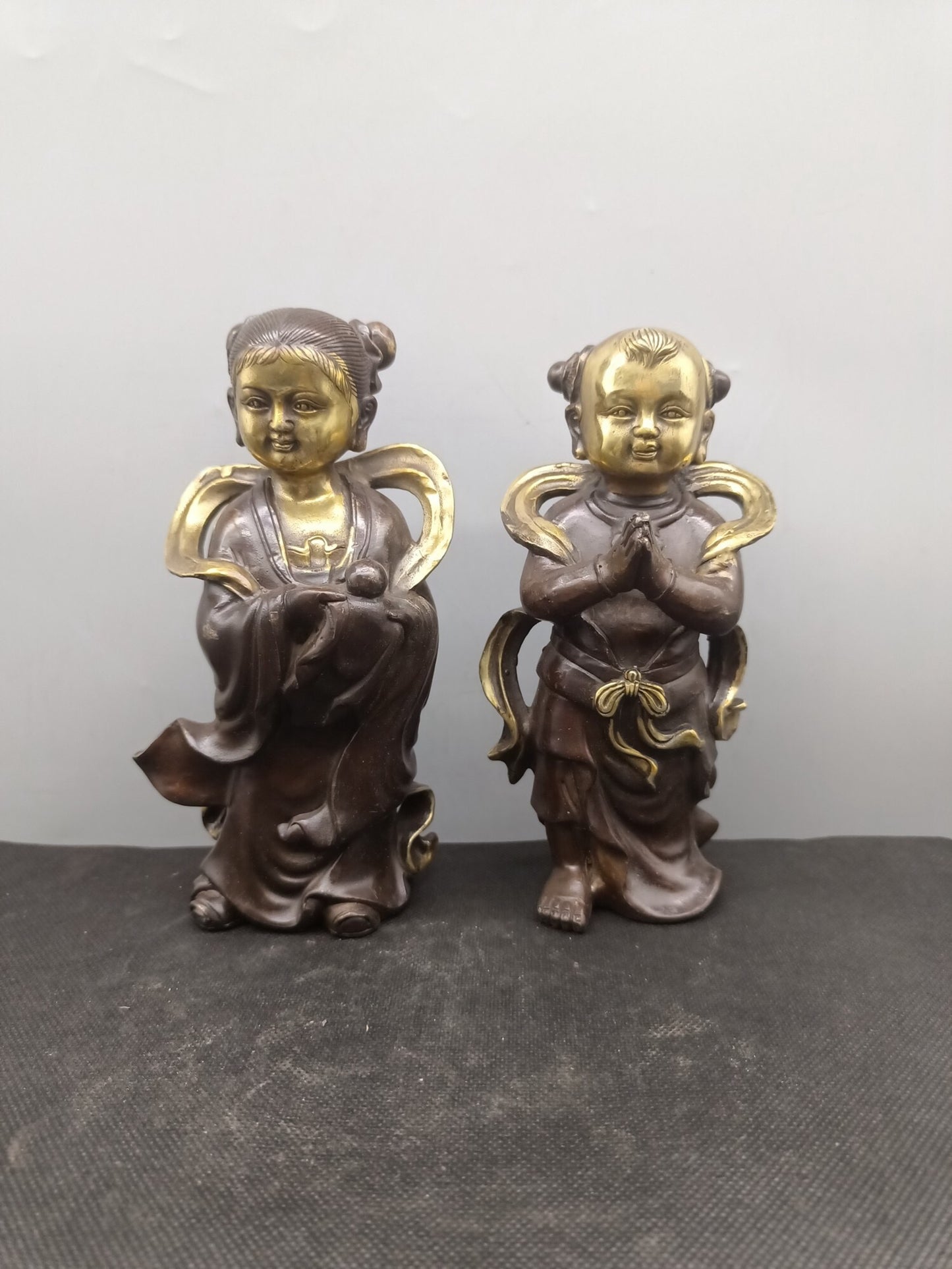 Chinese Antique Pure Copper, Gold Boy and Jade Girl