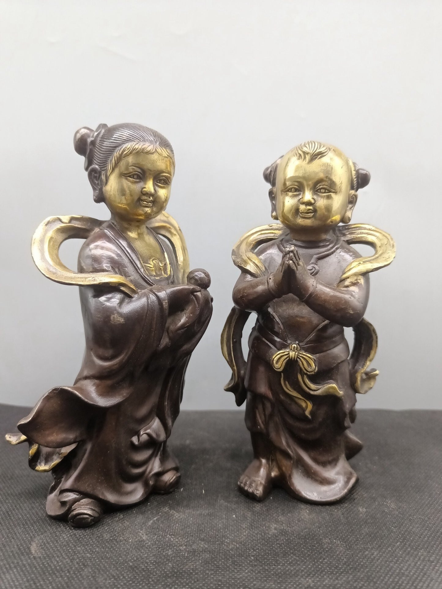 Chinese Antique Pure Copper, Gold Boy and Jade Girl