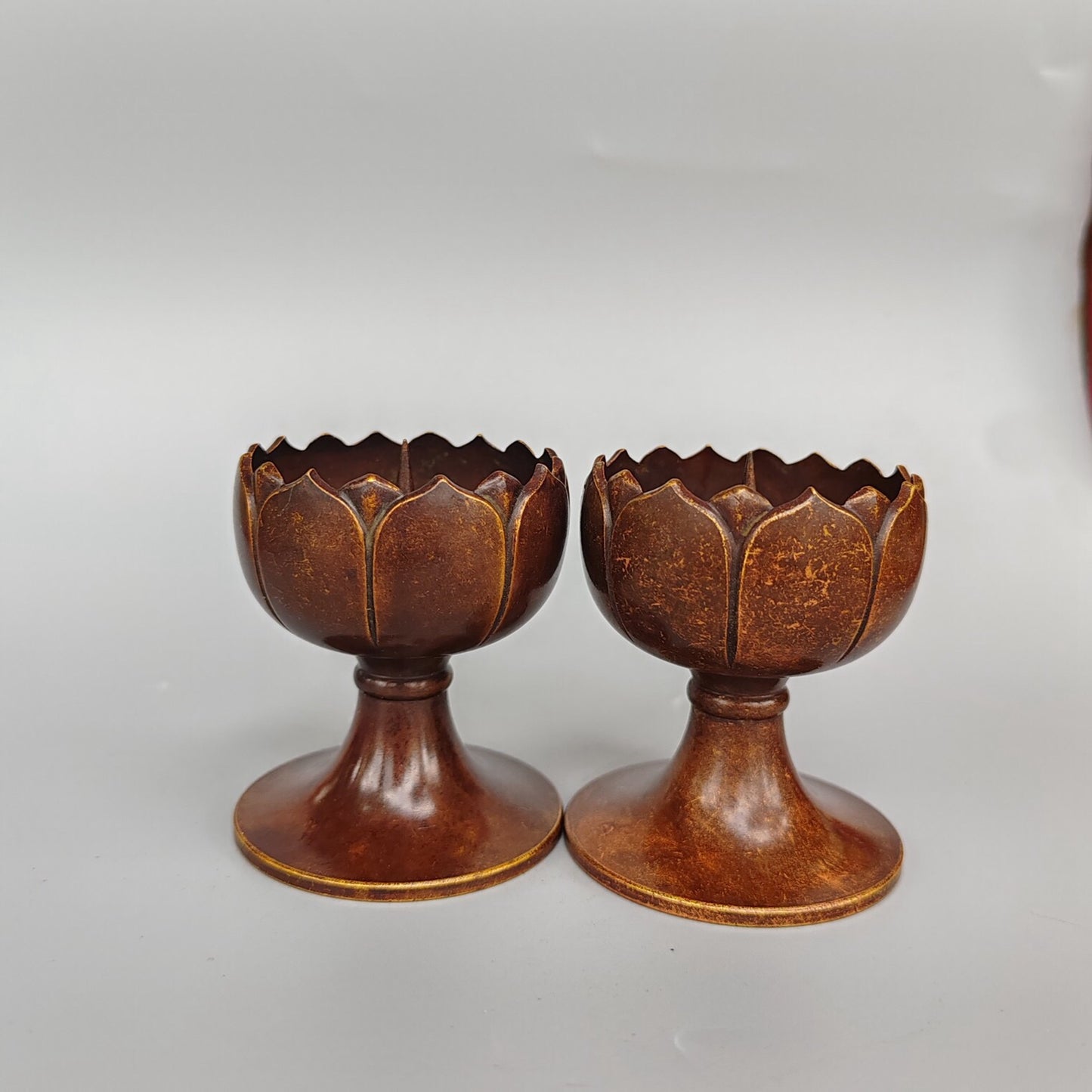 A pair of Chinese antique pure copper small lotus flower figurines