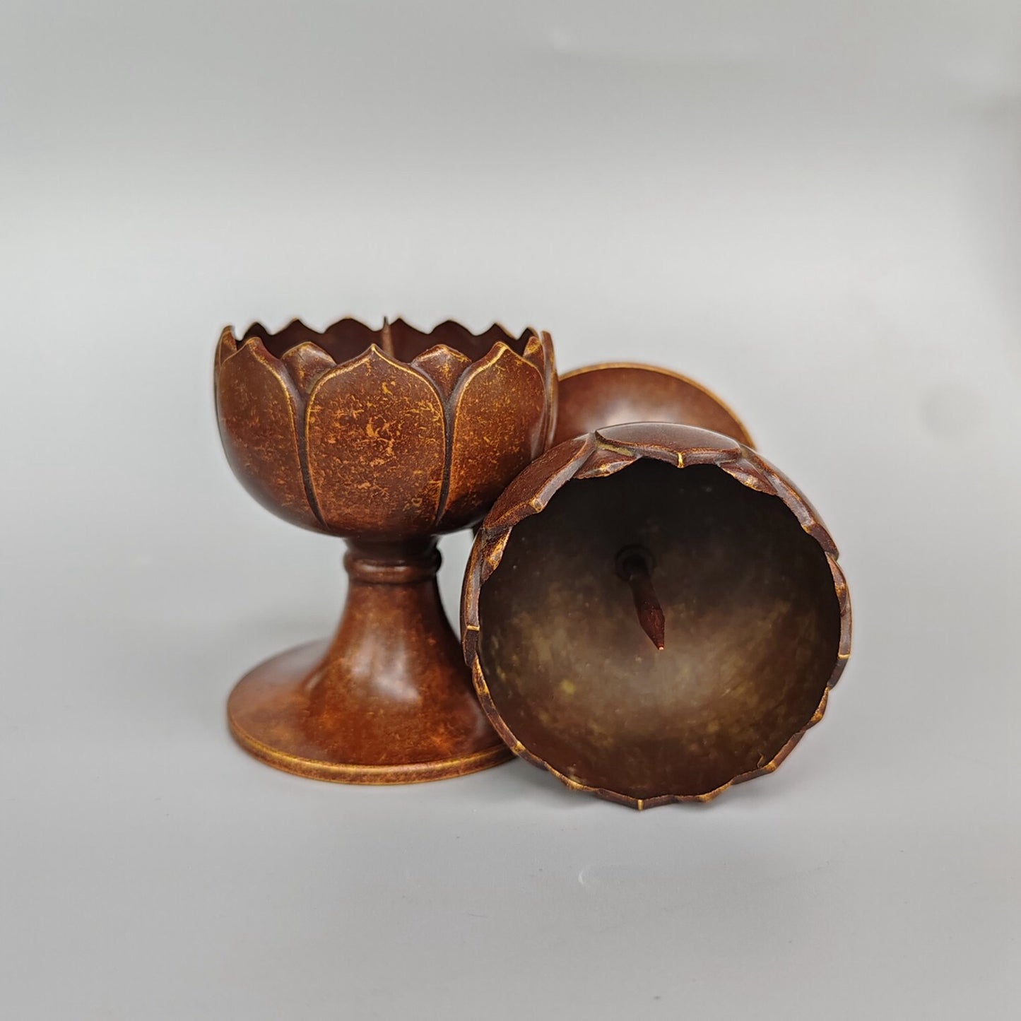 A pair of Chinese antique pure copper small lotus flower figurines