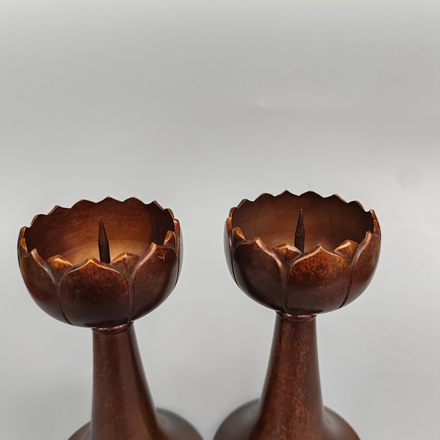 A pair of Chinese antique pure copper high lotus flower figurines