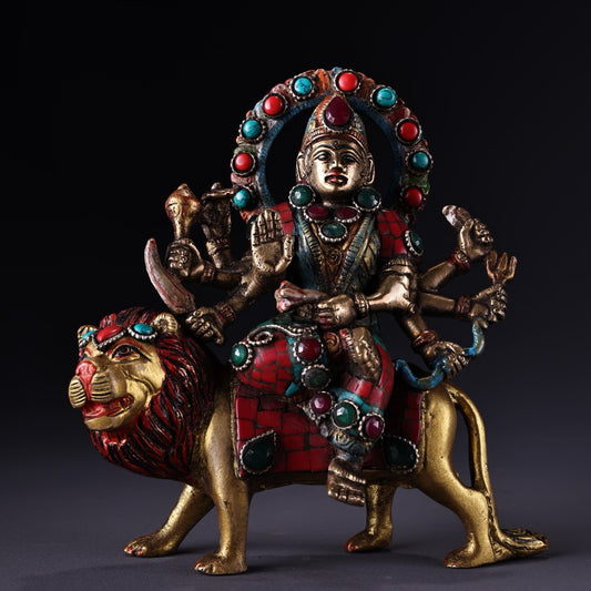 Chinese antique pure copper six armed lion riding guardian deity