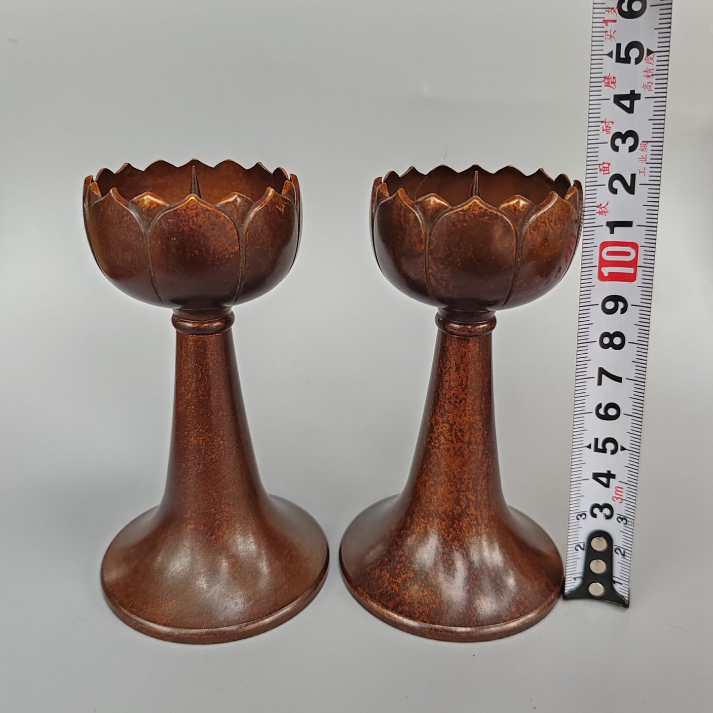 A pair of Chinese antique pure copper high lotus flower figurines