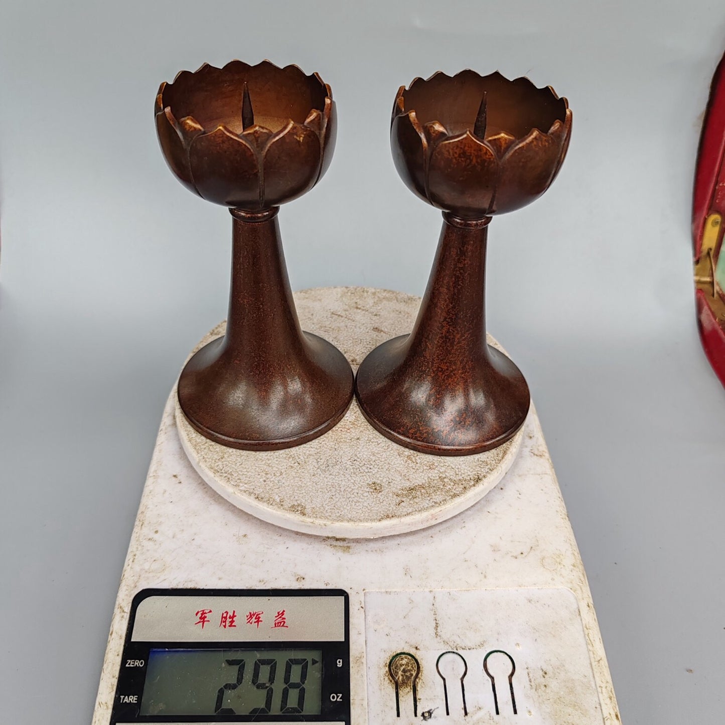 A pair of Chinese antique pure copper high lotus flower figurines