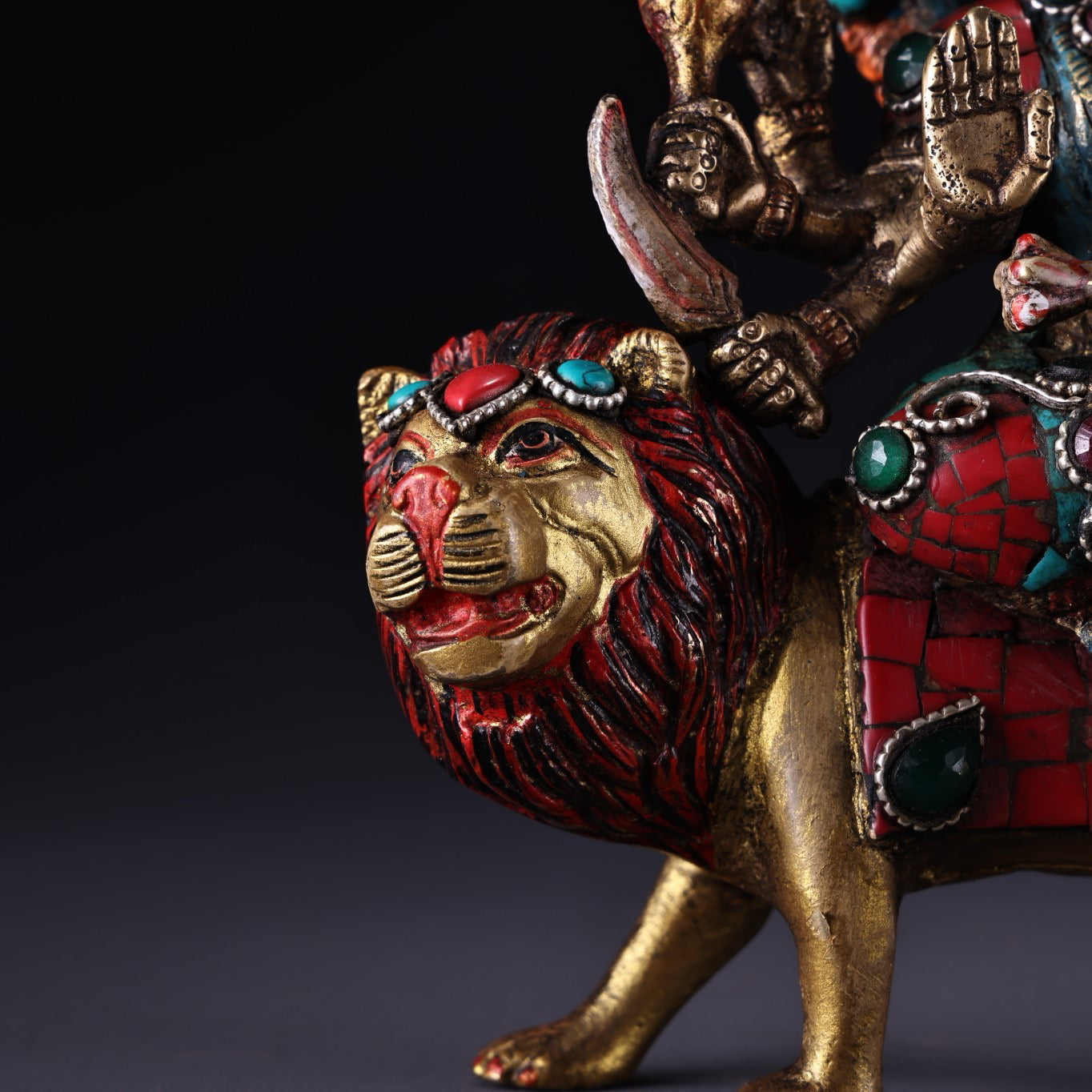 Chinese antique pure copper six armed lion riding guardian deity