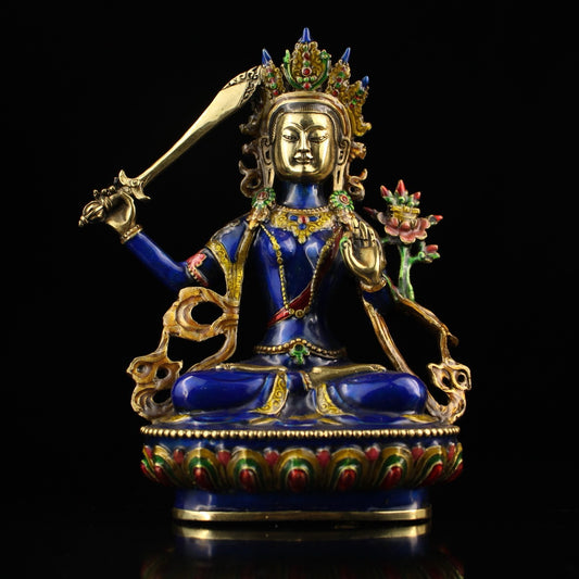 A Chinese antique pure copper cloisonn é blue enamel colored document statue of Bodhisattva and Buddha