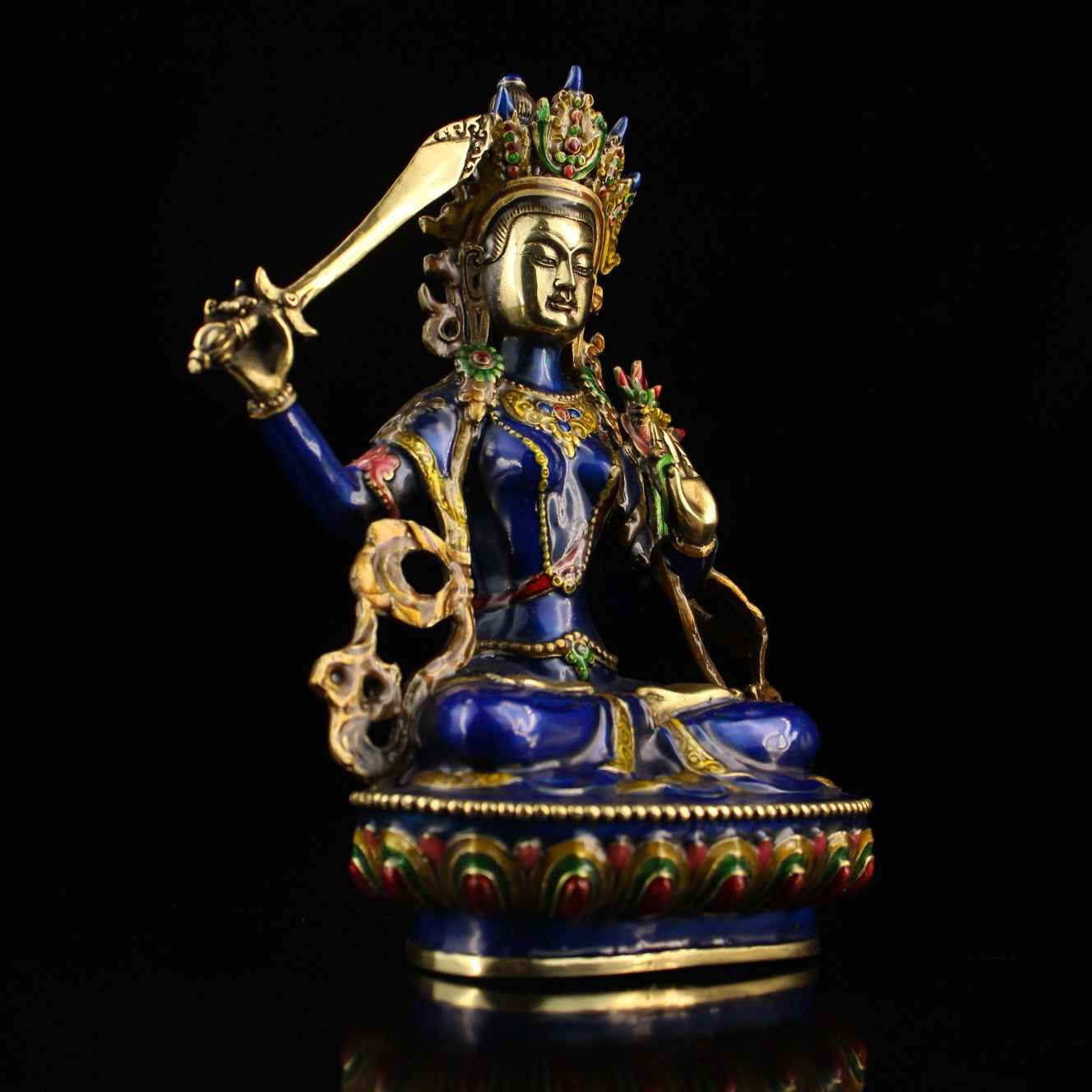 A Chinese antique pure copper cloisonn é blue enamel colored document statue of Bodhisattva and Buddha