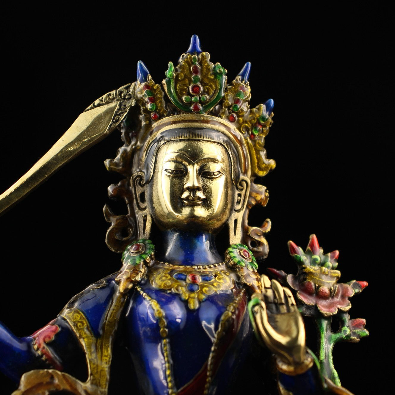 A Chinese antique pure copper cloisonn é blue enamel colored document statue of Bodhisattva and Buddha