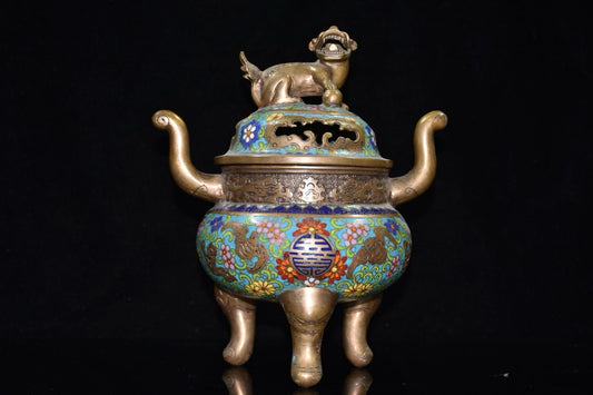 Purple copper tire cloisonn é lion incense burner ornament