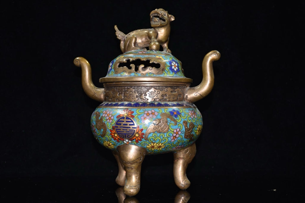 Purple copper tire cloisonn é lion incense burner ornament