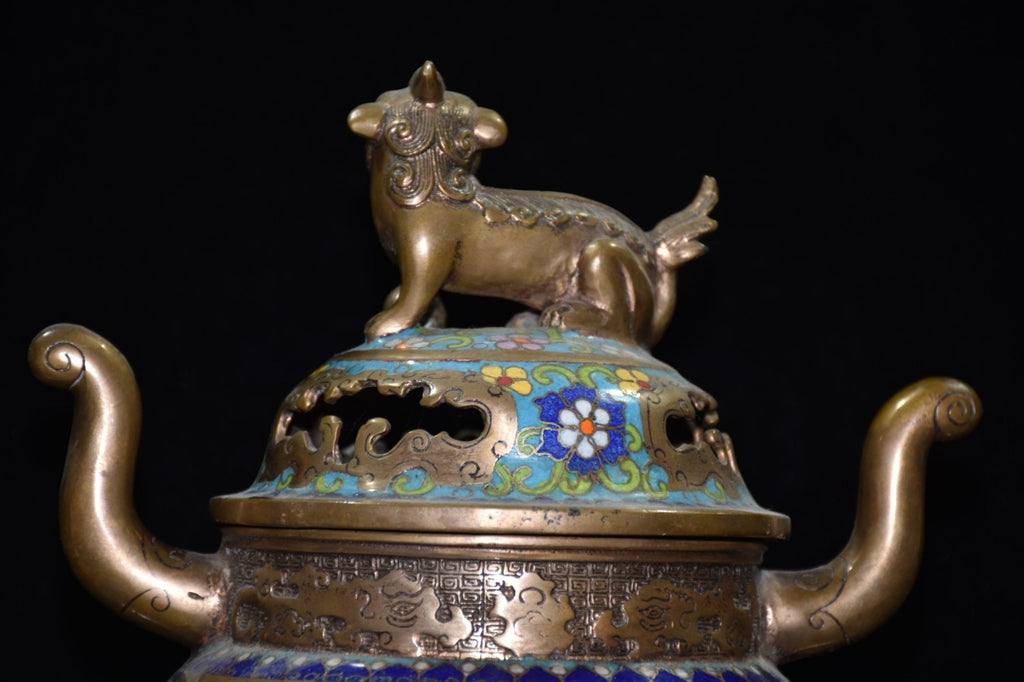 Purple copper tire cloisonn é lion incense burner ornament