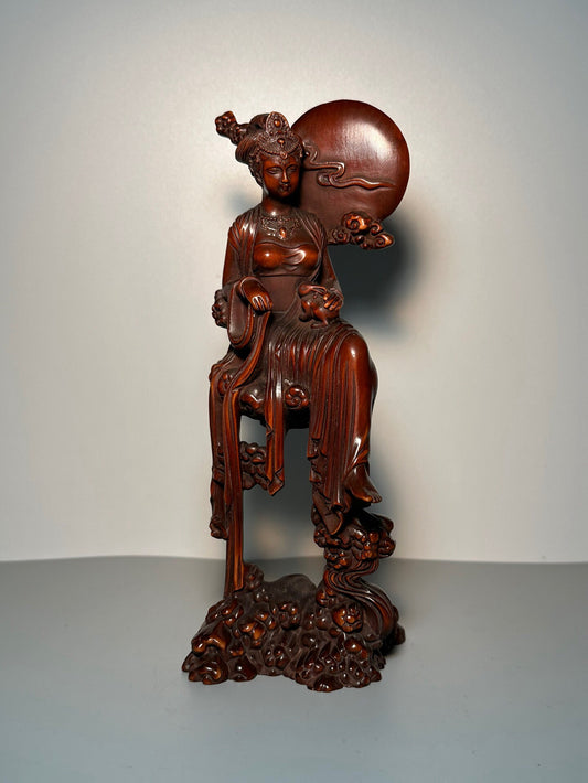 Chinese antique boxwood carving with exquisite craftsmanship, depicting Chang'e flying to the moon