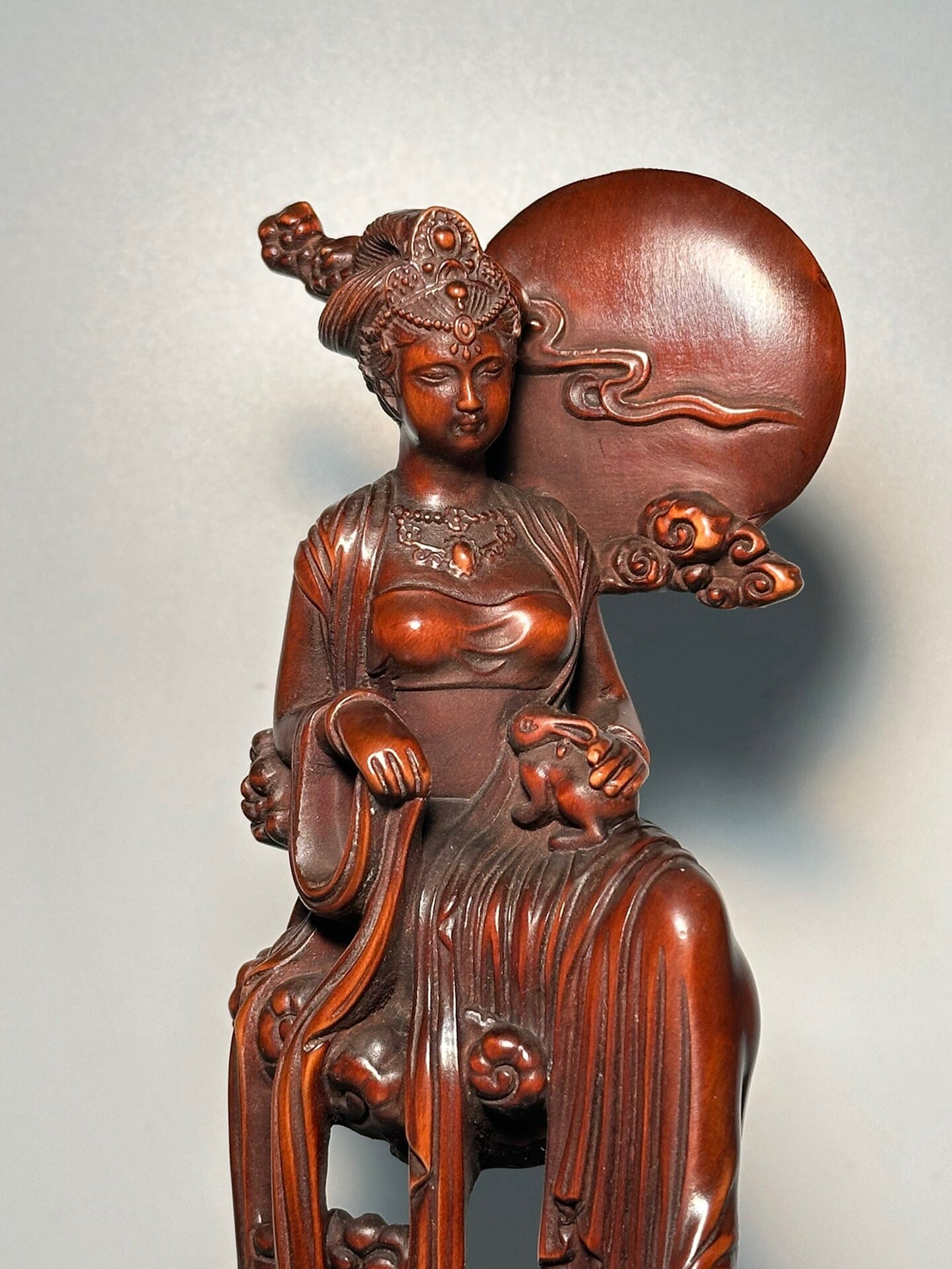 Chinese antique boxwood carving with exquisite craftsmanship, depicting Chang'e flying to the moon