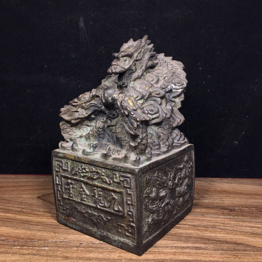 Chinese antique pure copper water dragon golden seal ornament