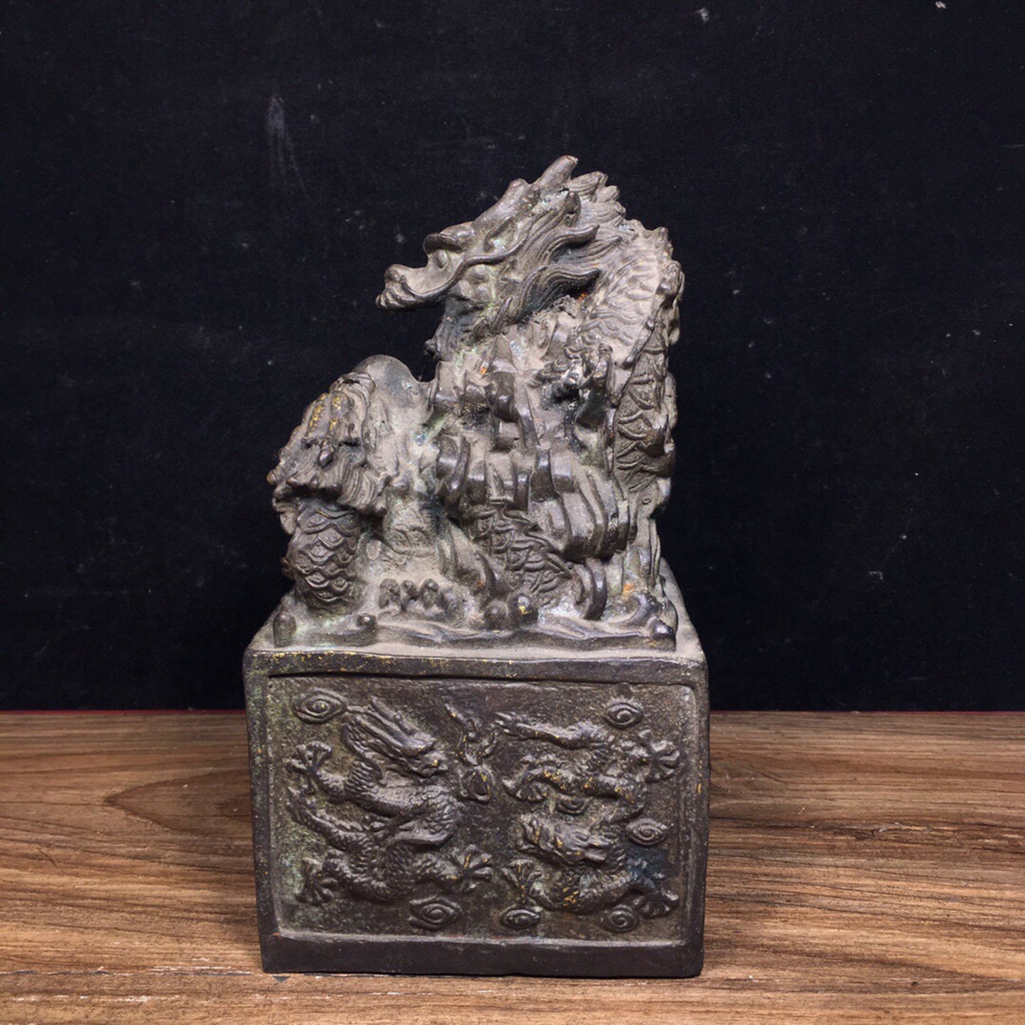 Chinese antique pure copper water dragon golden seal ornament